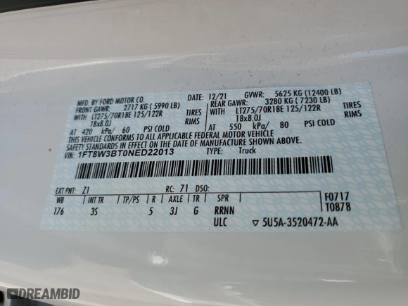 2022 Ford Super Duty F-350 SRW XL with VIN 1FT8W3BT0NED22013, listed as a Copart auction lot 48550585 with NaN miles and Salvage Title. Bid and sale history available at carsss.com. Image 13.