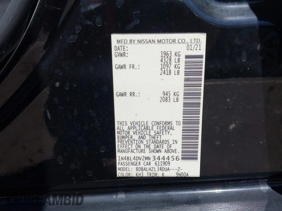 2021 Nissan Altima SV with VIN 1N4BL4DV2MN344456, listed as a IAAI auction lot 42320233 with 78,515 mi miles and . Bid and sale history available at DreamBid. Image 9.