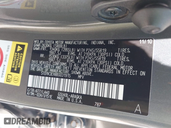 2011 Toyota Highlander Limited with VIN 5TDYK3EH8BS031915, listed as a IAAI auction lot 41984426 with 170,347 mi miles and . Bid and sale history available at DreamBid. Image 9.