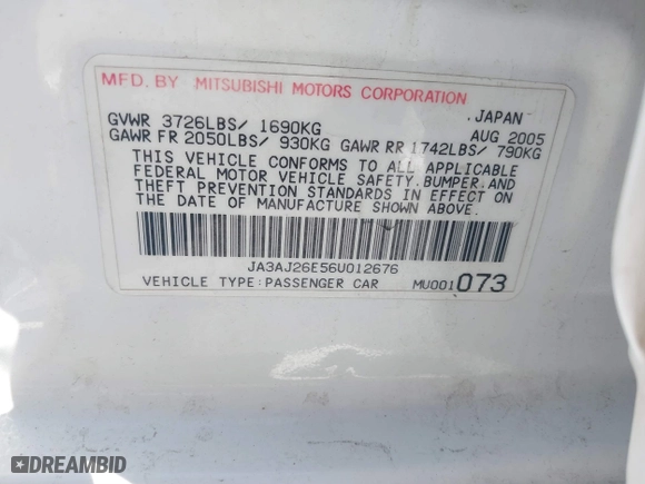 2006 Mitsubishi Lancer ES with VIN JA3AJ26E56U012676, listed as a IAAI auction lot 41857476 with 1 mi miles. Bid and sale history available at carsss.com. Image 9.