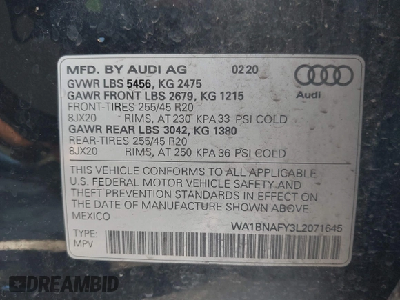 2020 Audi Q5 Premium Plus with VIN WA1BNAFY3L2071645, listed as a IAAI auction lot 40912823 with 86,114 mi miles. Bid and sale history available at carsss.com. Image 9.
