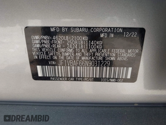 2022 Subaru WRX Premium with VIN JF1VBAF66N9031229, listed as a IAAI auction lot 42298558 with 14,084 mi miles and . Bid and sale history available at DreamBid. Image 9.