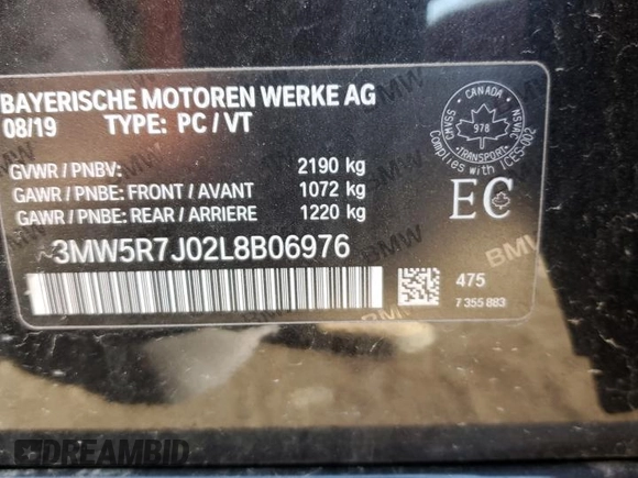 2020 BMW 3 Series 330i xDrive with VIN 3MW5R7J02L8B06976, listed as a Copart auction lot 46354815 with 78,329 mi miles and Salvage Title. Bid and sale history available at DreamBid. Image 12.