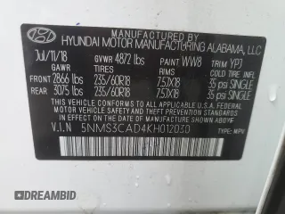 2019 Hyundai Santa Fe SEL z VIN 5NMS3CAD4KH012030, wystawiony jako Copart lot #42599535 z przebiegiem 59 824 mil mil oraz Szkoda całkowita • Salvage title. Historia ofert i sprzedaży dostępna na DreamBid. Obrazek 13.