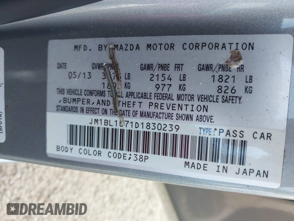 2013 Mazda 3 i Sport with VIN JM1BL1U71D1830239, listed as a IAAI auction lot 41950679 with 139,769 mi miles and . Bid and sale history available at DreamBid. Image 9.