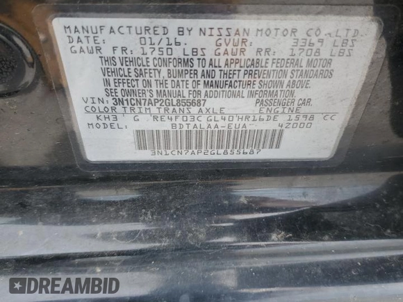 2016 Nissan Versa S Plus with VIN 3N1CN7AP2GL855687, listed as a Copart auction lot 53666515 with 137,522 mi miles and Salvage Title. Bid and sale history available at carsss.com. Image 13.