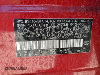 2008 Lexus IS 350 with VIN JTHBE262685018336, listed as a Copart auction lot 52635385 with 144,233 mi miles and Salvage title. Bid and sale history available at DreamBid. Image 14.