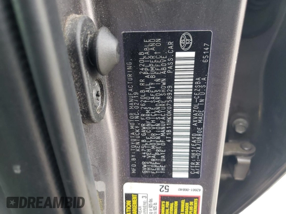 2019 Toyota Camry LE with VIN 4T1B11HK0KU758929, listed as a Copart auction lot 48995055 with 314,336 mi miles and Clean Title. Bid and sale history available at carsss.com. Image 12.