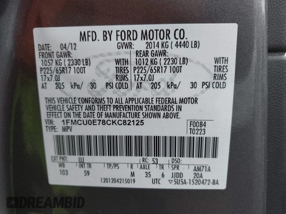 2012 Ford Escape Limited z VIN 1FMCU0E78CKC82125, wystawiony jako IAAI lot #42035740 z przebiegiem 84 784 mil mil oraz . Historia ofert i sprzedaży dostępna na DreamBid. Obrazek 9.