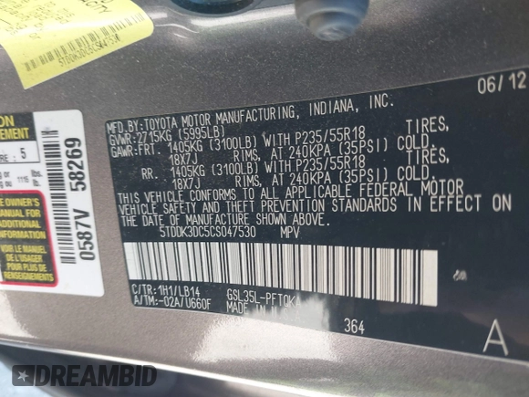 2012 Toyota Sienna XLE with VIN 5TDDK3DC5CS047530, listed as a IAAI auction lot 41780049 with 209,812 mi miles. Bid and sale history available at carsss.com. Image 9.