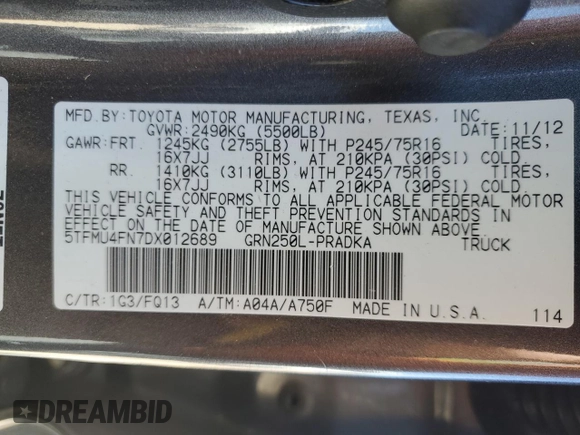 2013 Toyota Tacoma with VIN 5TFMU4FN7DX012689, listed as a Copart auction lot 50468865 with 194,971 mi miles and Salvage Title. Bid and sale history available at carsss.com. Image 12.