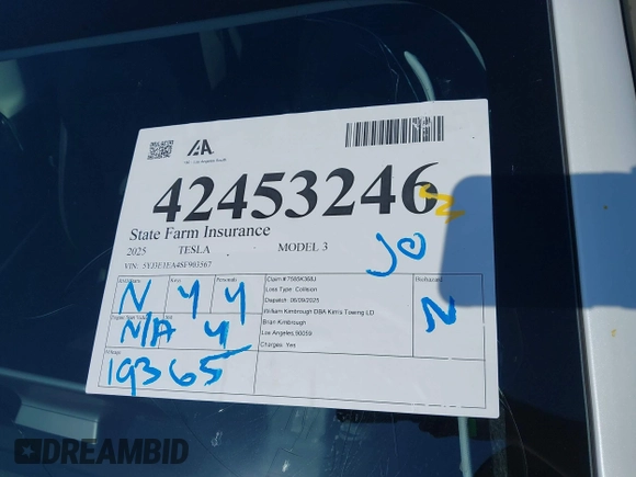 2025 Tesla Model 3 Long Range with VIN 5YJ3E1EA4SF903567, listed as a IAAI auction lot 42453246 with 19,365 mi miles and . Bid and sale history available at DreamBid. Image 20.