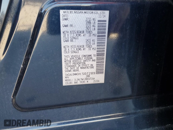 2015 Infiniti QX60 with VIN 5N1AL0MM3FC507289, listed as a Copart auction lot 53088675 with 127,412 mi miles and Salvage Title. Bid and sale history available at carsss.com. Image 12.
