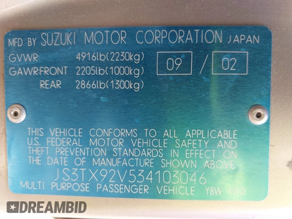 2003 Suzuki XL7 Touring with VIN JS3TX92V534103046, listed as a IAAI auction lot 41978971 with 185,038 mi miles and . Bid and sale history available at DreamBid. Image 9.