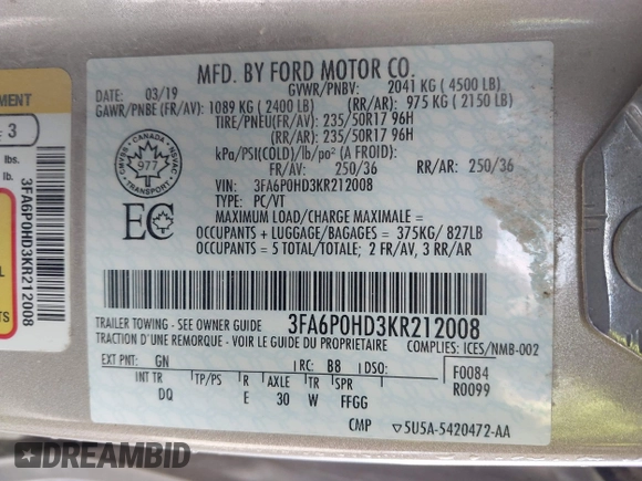 2019 Ford Fusion SE with VIN 3FA6P0HD3KR212008, listed as a IAAI auction lot 41465049 with 140,574 mi miles. Bid and sale history available at carsss.com. Image 9.