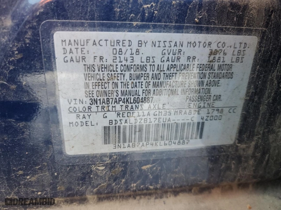 2019 Nissan Sentra SV with VIN 3N1AB7AP4KL604887, listed as a Copart auction lot 44014275 with 162,641 mi miles and Clean Title. Bid and sale history available at carsss.com. Image 12.
