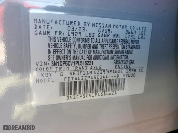 2023 Nissan Kicks SV with VIN 3N1CP5CV1PL516221, listed as a Copart auction lot 46231115 with 37,609 mi miles and Salvage Title. Bid and sale history available at carsss.com. Image 12.