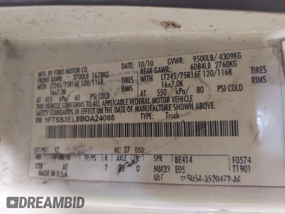2011 Ford Econoline Cargo Commercial with VIN 1FTSS3EL8BDA24095, listed as a IAAI auction lot 42349095 with 219,482 mi miles and . Bid and sale history available at DreamBid. Image 9.