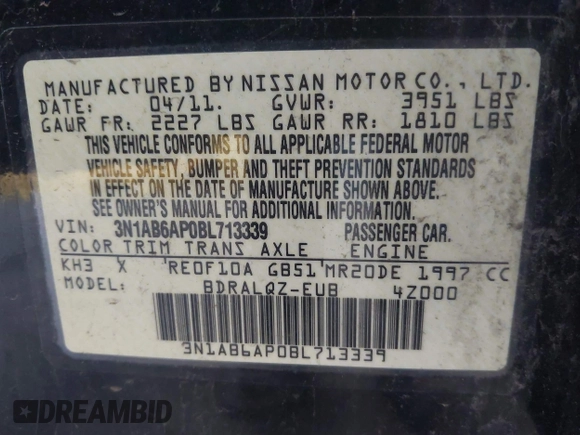2011 Nissan Sentra SR with VIN 3N1AB6AP0BL713339, listed as a IAAI auction lot 42684022 with 180,595 mi miles and . Bid and sale history available at DreamBid. Image 9.
