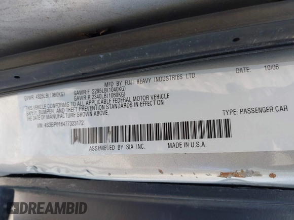 2007 Subaru Legacy Special with VIN 4S3BP616477323172, listed as a IAAI auction lot 41932736 with 96,051 mi miles and . Bid and sale history available at DreamBid. Image 9.