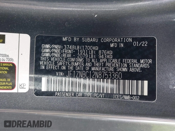 2022 Toyota GR86 with VIN JF1ZNBC12N8753360, listed as a IAAI auction lot 41109470 with 1 mi miles. Bid and sale history available at carsss.com. Image 9.
