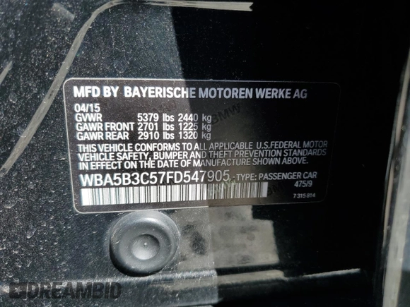 2015 BMW 5 Series 535i xDrive with VIN WBA5B3C57FD547905, listed as a Copart auction lot 52488415 with 107,119 mi miles and Clean Title. Bid and sale history available at carsss.com. Image 12.