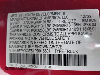 2023 Honda Ridgeline RTL с VIN 5FPYK3F51PB015501, выставлен на аукционе IAAI как лот 42422286 с пробегом 31 305 миль миль и . История ставок и продаж доступна на DreamBid. Изображение 9.