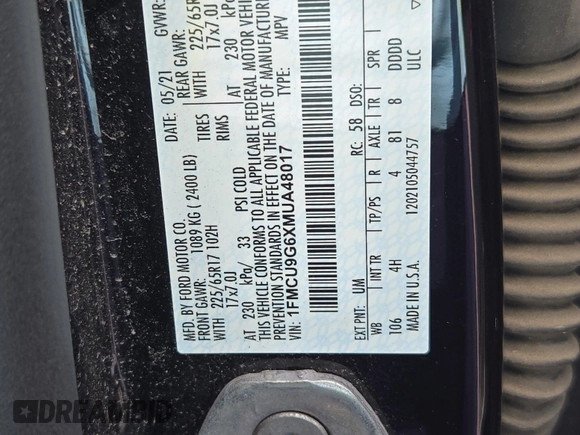 2021 Ford Escape SE with VIN 1FMCU9G6XMUA48017, listed as a IAAI auction lot 42786318 with 107,770 mi miles and . Bid and sale history available at DreamBid. Image 4.