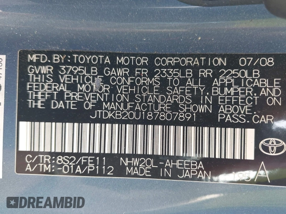 2008 Toyota Prius with VIN JTDKB20U187807891, listed as a IAAI auction lot 42181475 with 143,111 mi miles and . Bid and sale history available at DreamBid. Image 9.