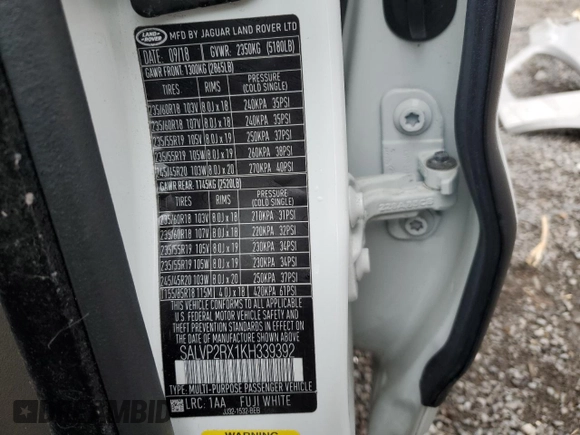 2019 Land Rover Range Rover Evoque SE with VIN SALVP2RX1KH339392, listed as a Copart auction lot 47573965 with 42,192 mi miles and Salvage Title. Bid and sale history available at carsss.com. Image 13.