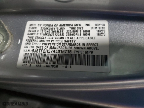 2010 Honda Accord Crosstour EX-L with VIN 5J6TF2H57AL016715, listed as a Copart auction lot 86961754 with 186,078 mi miles and Salvage Title. Bid and sale history available at carsss.com. Image 12.