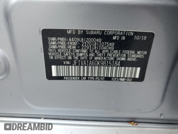 2019 Subaru WRX z VIN JF1VA1A60K9815184, wystawiony jako Copart lot #58034635 z przebiegiem 79 583 mil mil oraz Szkoda całkowita • Salvage title. Historia ofert i sprzedaży dostępna na DreamBid. Obrazek 12.