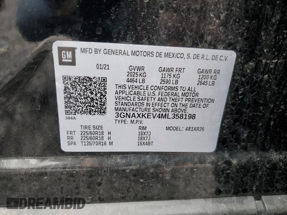 2021 Chevrolet Equinox LT z VIN 3GNAXKEV4ML358198, wystawiony jako Copart lot #55668225 z przebiegiem 71 690 mil mil oraz Szkoda całkowita • Salvage title. Historia ofert i sprzedaży dostępna na DreamBid. Obrazek 13.