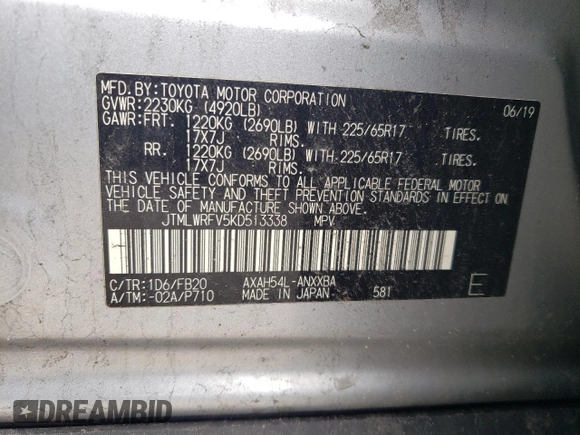 2019 Toyota RAV4 Hybrid LE with VIN JTMLWRFV5KD513338, listed as a Copart auction lot 52316655 with 133,746 mi miles and Non repairable. Bid and sale history available at DreamBid. Image 13.