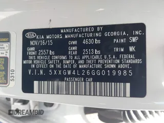 2016 Kia Optima SX Turbo with VIN 5XXGW4L26GG019985, listed as a IAAI auction lot 42174560 with 167,607 mi miles and . Bid and sale history available at DreamBid. Image 9.