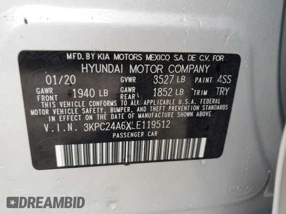 2020 Hyundai Accent SE with VIN 3KPC24A6XLE119512, listed as a Copart auction lot 72268422 with 44,853 mi miles. Bid and sale history available at carsss.com. Image 12.