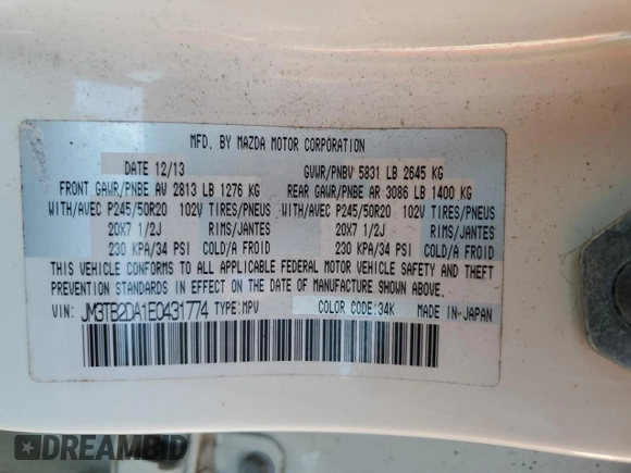 2014 Mazda CX-9 Grand Touring with VIN JM3TB2DA1E0431774, listed as a Copart auction lot 55666385 with 116,100 mi miles and Clean title. Bid and sale history available at DreamBid. Image 13.