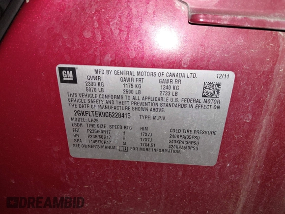 2012 GMC Terrain SLE-2 with VIN 2GKFLTEK9C6228415, listed as a IAAI auction lot 41874625 with 104,596 mi miles and . Bid and sale history available at DreamBid. Image 9.