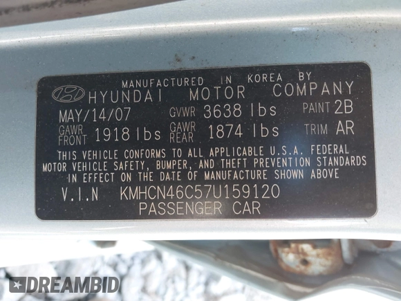 2007 Hyundai Accent GLS with VIN KMHCN46C57U159120, listed as a IAAI auction lot 42021811 with 114,564 mi miles. Bid and sale history available at carsss.com. Image 9.