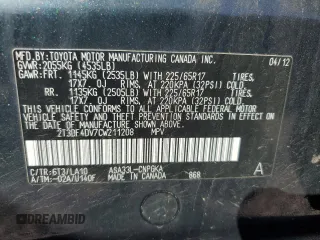 2012 Toyota RAV4 Limited with VIN 2T3DF4DV7CW211208, listed as a Copart auction lot 61532105 with 145,672 mi miles and Salvage title. Bid and sale history available at DreamBid. Image 13.