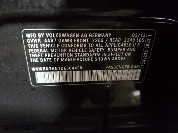 2013 Volkswagen CC Sport with VIN WVWBN7AN7DE504499, listed as a Copart auction lot 43954555 with 120,607 mi miles and Salvage Title. Bid and sale history available at carsss.com. Image 12.