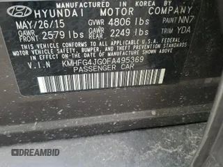 2015 Hyundai Azera with VIN KMHFG4JG0FA495369, listed as a Copart auction lot 50450185 with 126,259 mi miles and Clean title. Bid and sale history available at DreamBid. Image 13.