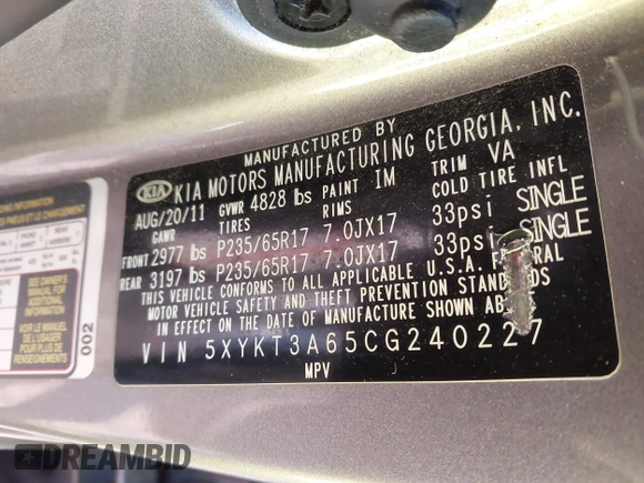 2012 Kia Sorento LX with VIN 5XYKT3A65CG240227, listed as a IAAI auction lot 41009682 with 276,573 mi miles. Bid and sale history available at carsss.com. Image 9.
