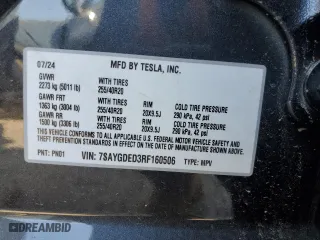 2024 Tesla Model Y with VIN 7SAYGDED3RF160506, listed as a Copart auction lot 53948515 with 0 mi miles and Non Repairable. Bid and sale history available at carsss.com. Image 13.