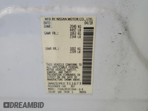 2018 Nissan LEAF S with VIN 1N4AZ1CP6JC311673, listed as a Copart auction lot 54457335 with 52,693 mi miles and Clean Title. Bid and sale history available at DreamBid. Image 12.