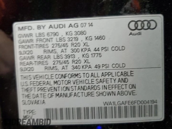 2015 Audi Q7 Premium Plus with VIN WA1LGAFE6FD004194, listed as a Copart auction lot 60368455 with 118,598 mi miles and Salvage title. Bid and sale history available at DreamBid. Image 13.