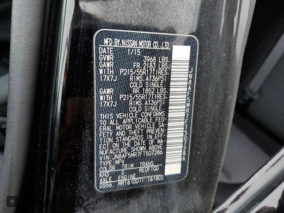 2015 Nissan Juke S with VIN JN8AF5MR7FT507286, listed as a Copart auction lot 56920545 with 98,659 mi miles and Salvage title. Bid and sale history available at DreamBid. Image 12.