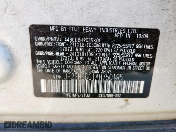 2010 Subaru Forester X Limited с VIN JF2SH6DC1AH750195, выставлен на аукционе Copart как лот 59630915 с пробегом 353 679 миль миль и Чистый • Clean title. История ставок и продаж доступна на DreamBid. Изображение 13.