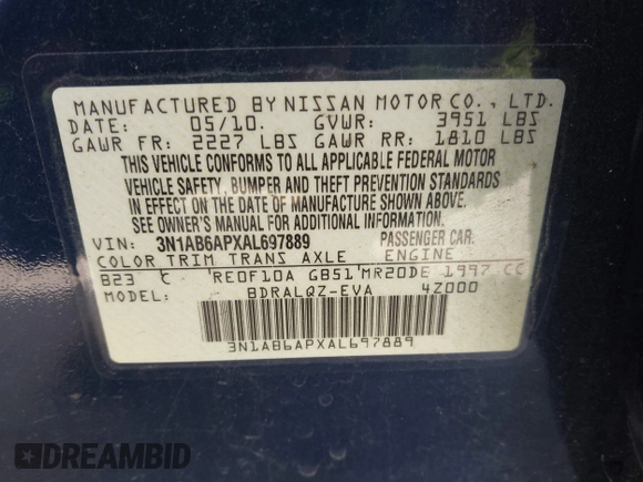 2010 Nissan Sentra S with VIN 3N1AB6APXAL697889, listed as a IAAI auction lot 42553602 with 191,237 mi miles and . Bid and sale history available at DreamBid. Image 9.