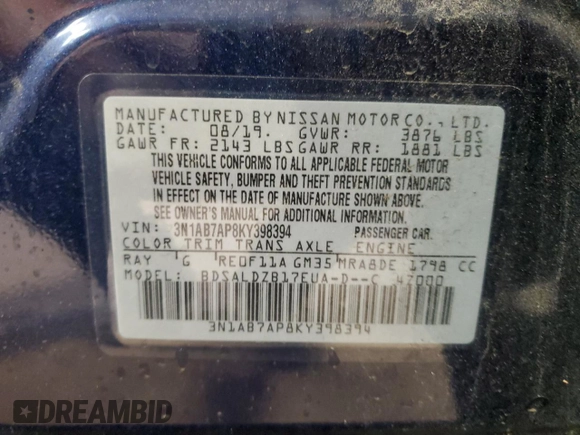 2019 Nissan Sentra S with VIN 3N1AB7AP8KY398394, listed as a Copart auction lot 54143585 with 43,347 mi miles and Salvage title. Bid and sale history available at DreamBid. Image 13.